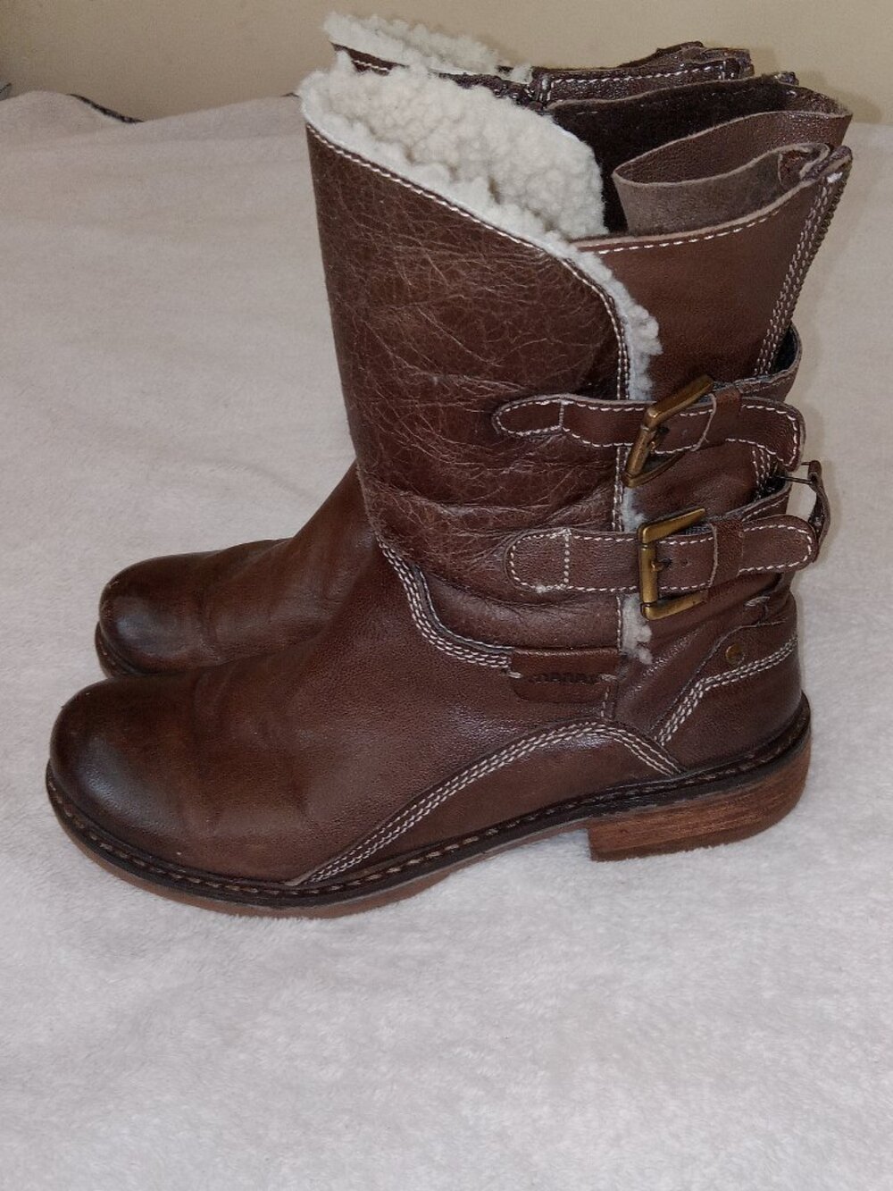 Manas Women's Leather Shearling Boots EU 39 US 8.5 Brown Buckle Moto Distressed